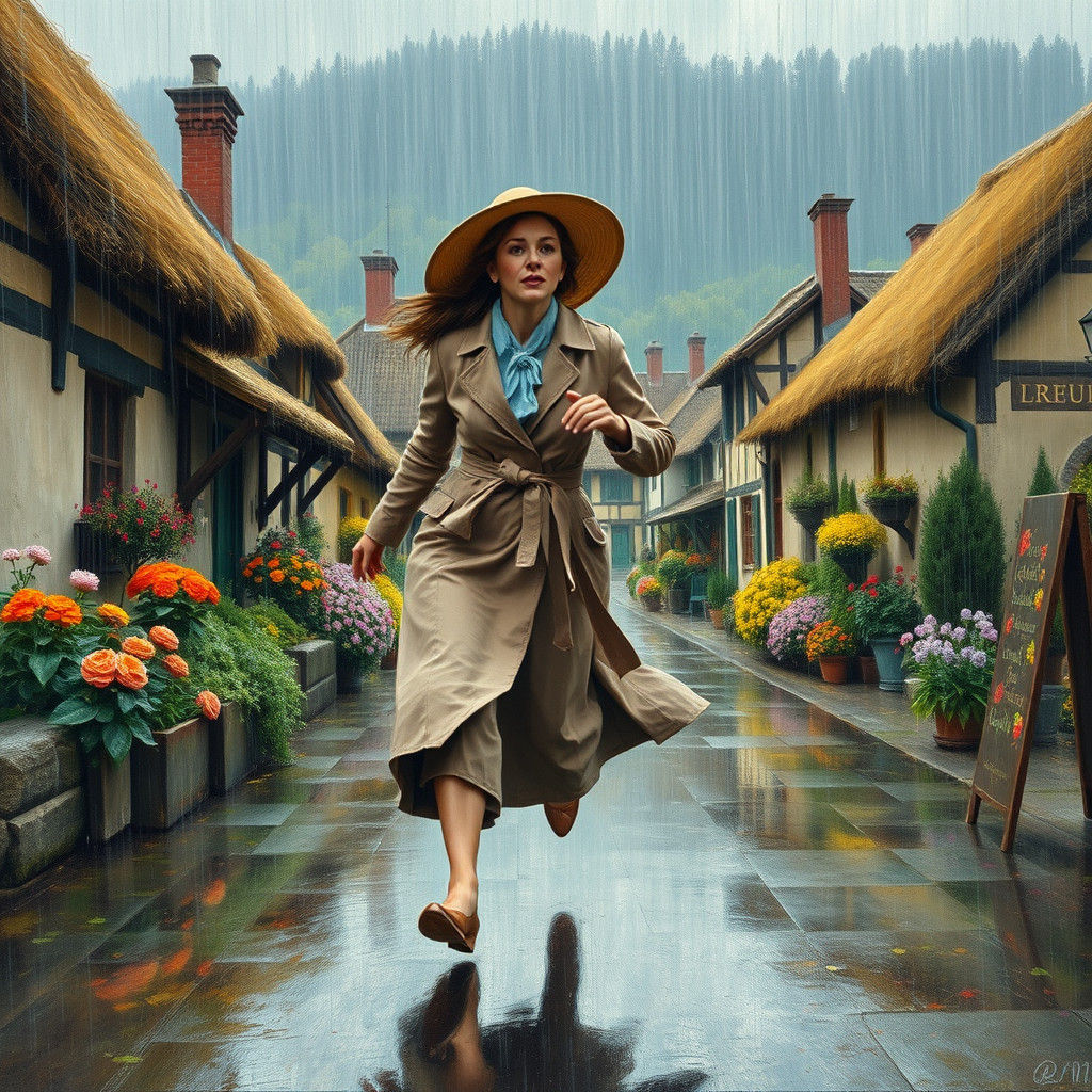 Woman Running in Rainy Village, Van Gogh Style