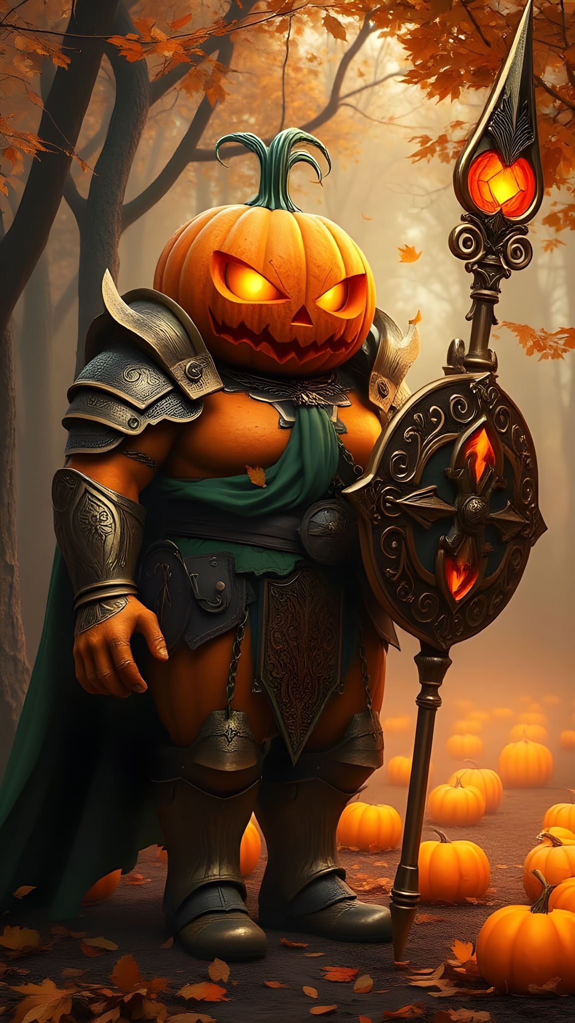 Glowing Pumpkin Paladin in Autumn Fantasy Landscape
