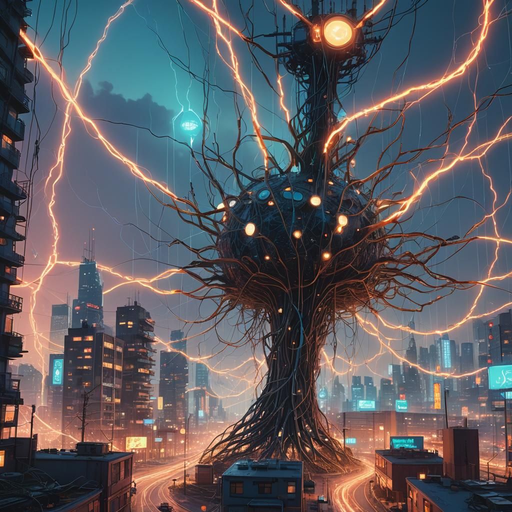 Glowing Neuron Network Cityscape in Fantasy Art Style