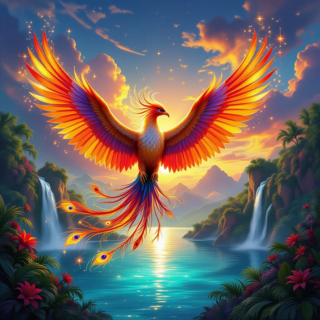 Majestic Metallic Phoenix Soars Over Surreal Caribbean Sunri...
