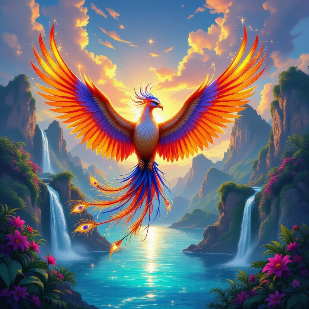 Majestic Metallic Phoenix Soars Over Fantasy Caribbean World