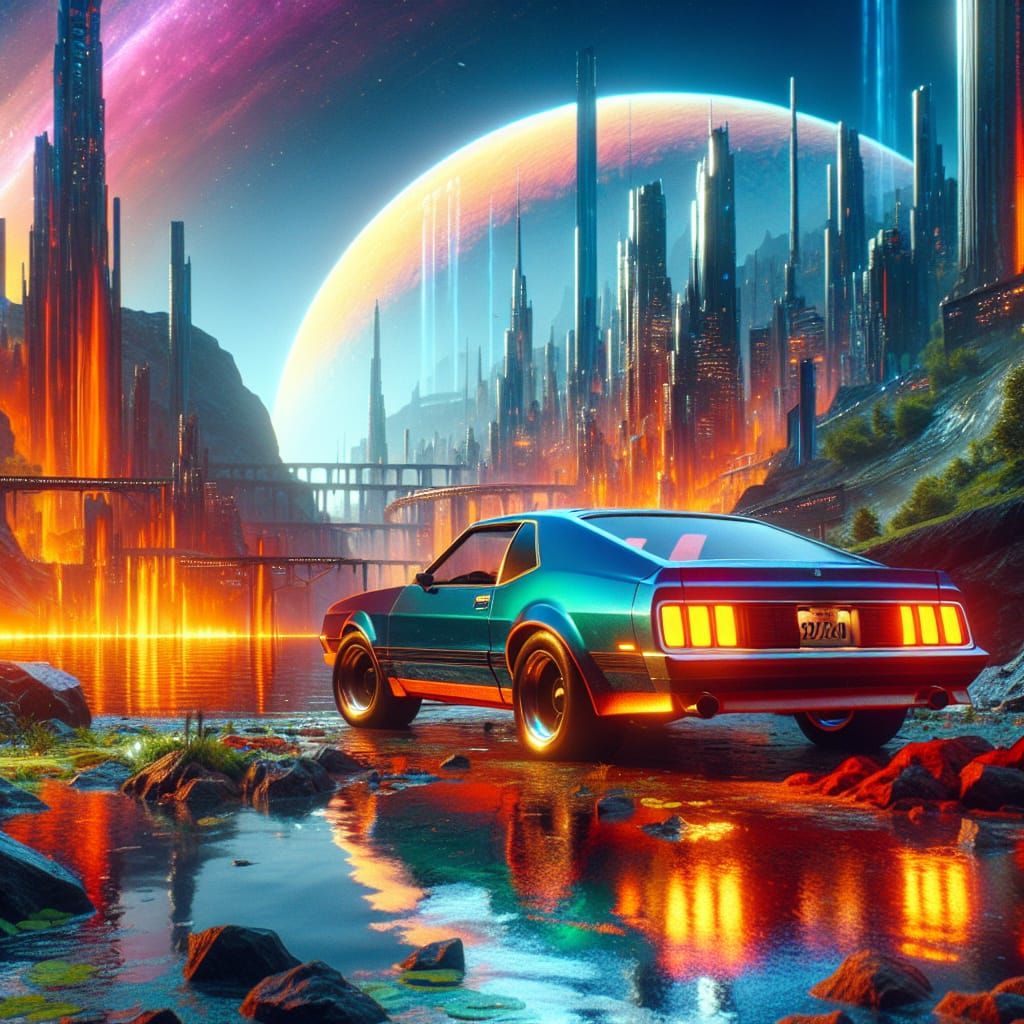 Ford Mustang in Fantastical Landscape, Matte Painting