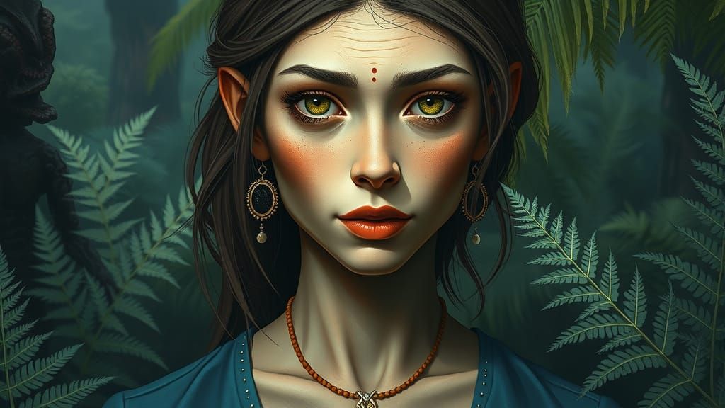 Elegant Woman with Feline Eyes in Jurassic Jungle
