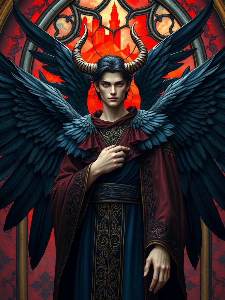 Regal, Eight-Winged Angel in Opulent Fantasy Castle