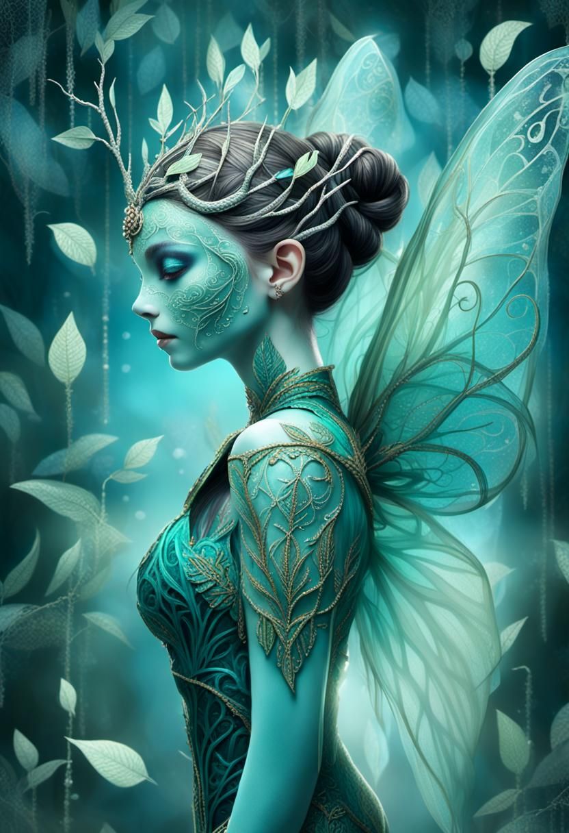 Ethereal Fairy Portrait with Teal Mask in Fantasy Art