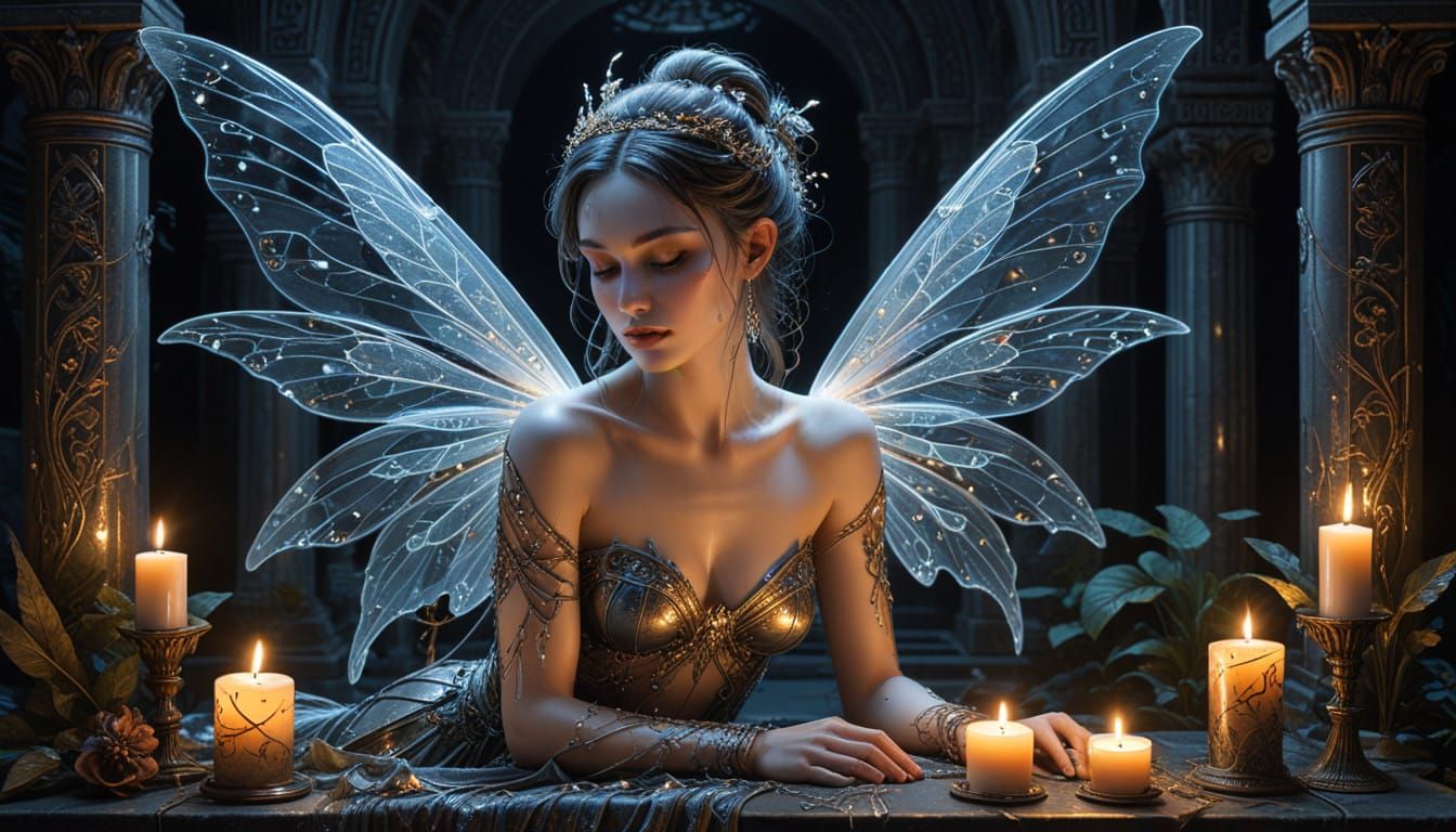 Enigmatic Fairy Weeps Among Ancient Tombs in Cyberpunk Style