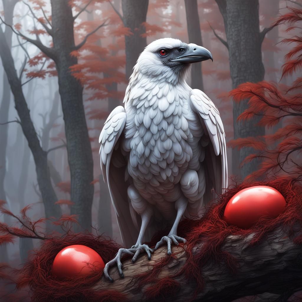 White Raven with Red Eggs in Hyperreal Forest