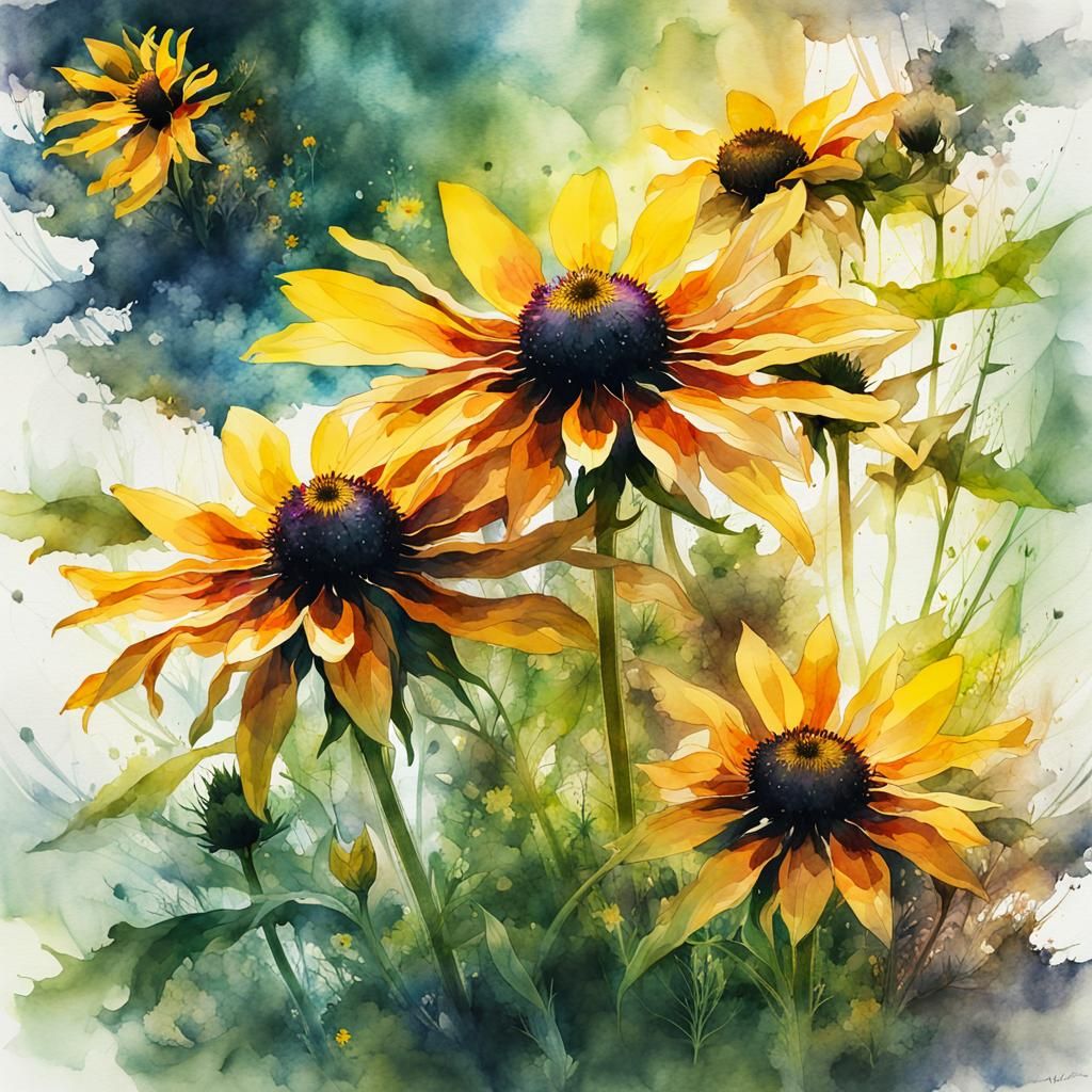 Fantasy Watercolor Black-Eyed Susans Double Exposure