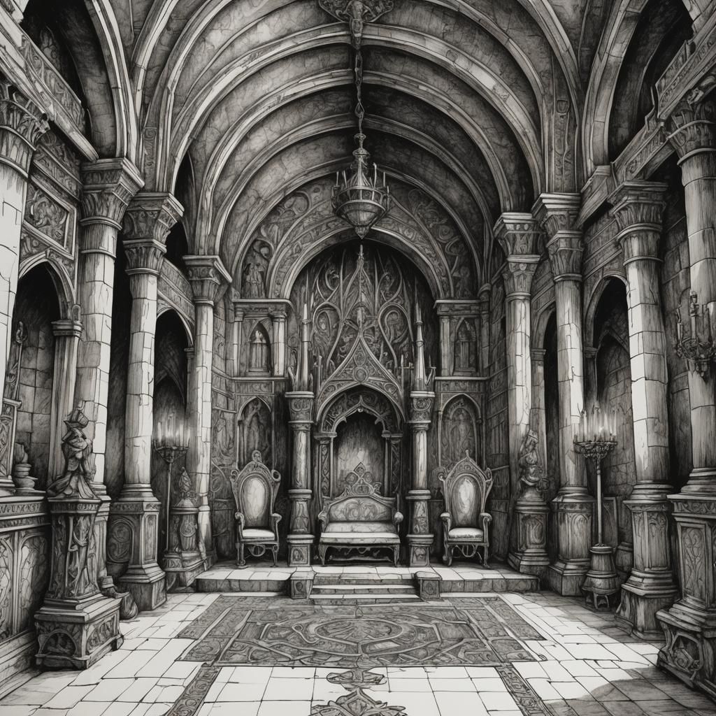 Medieval Princess in Throne Room: Pen and Ink