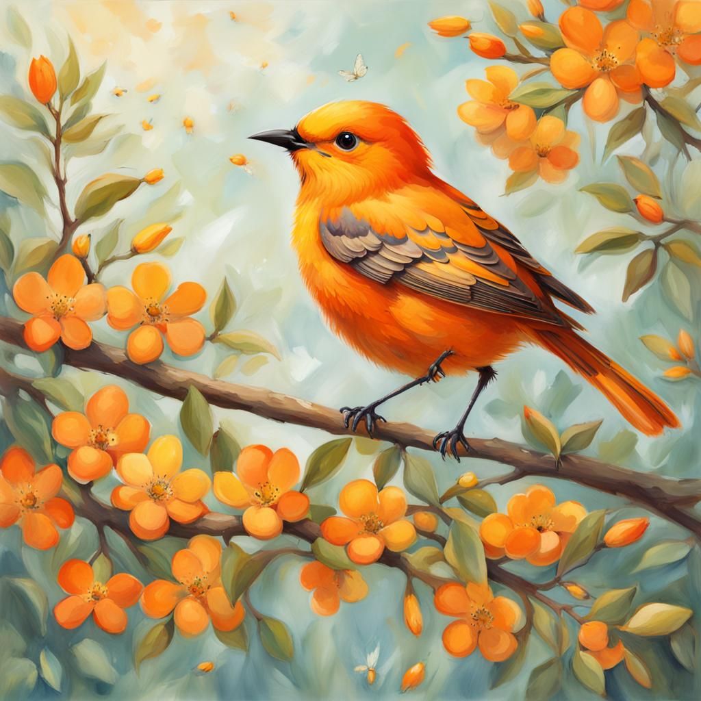 Adorable Orange Bird in Sunny Floral Scene