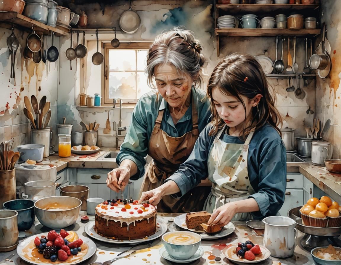 Girl Baking Cake: Digital Watercolor Fantasy Art