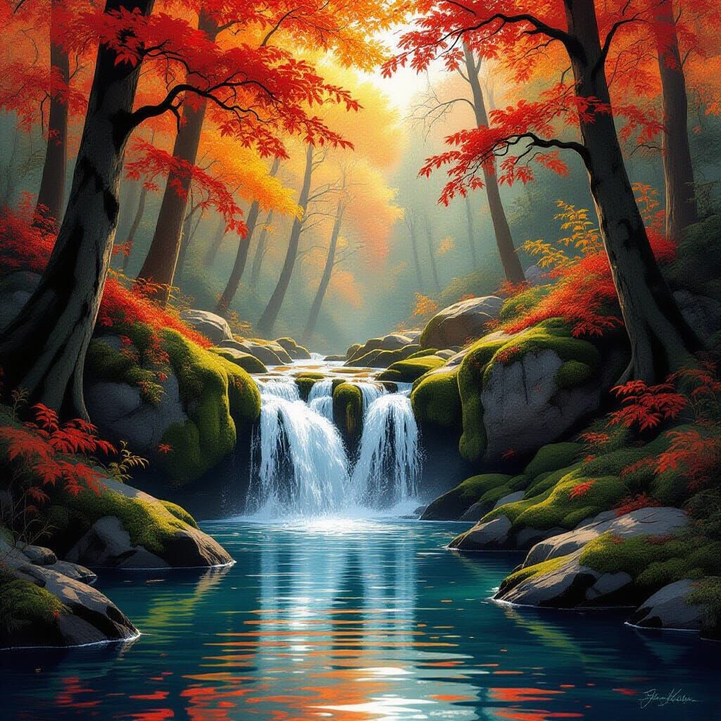 Enchanting Autumn Waterfall in Storybook Style