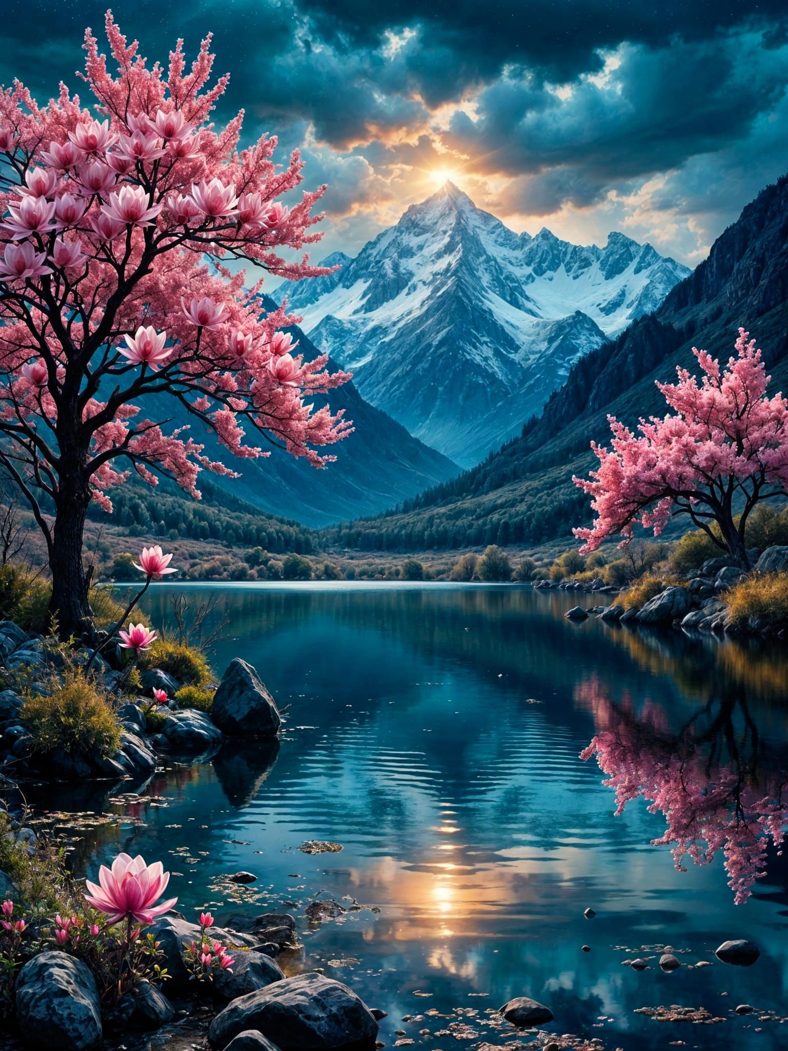 Navy and Gold Mountainscape at Night with Vibrant Magnolia T...