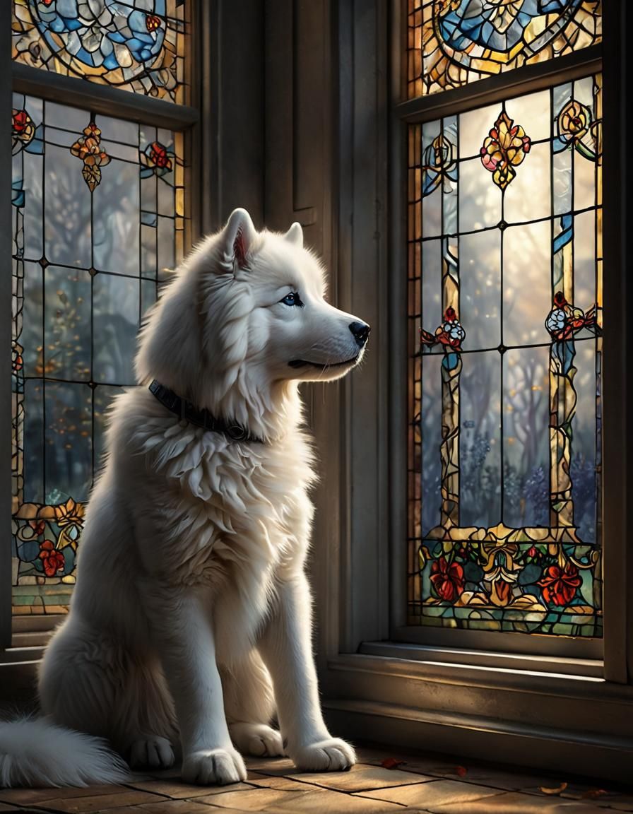 Anxious Samoyed Puppy Staring out Stained Glass Window