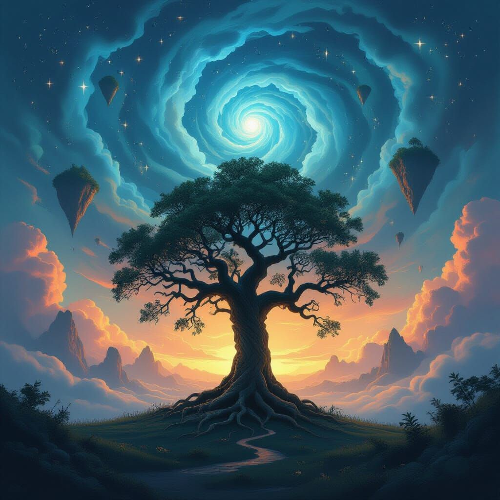 Ancient Tree Against Dreamlike Sky with Floating Islands
