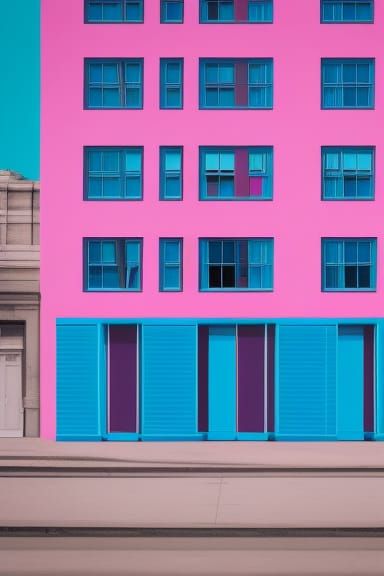 Hyperrealistic Blue Building on Pink Background