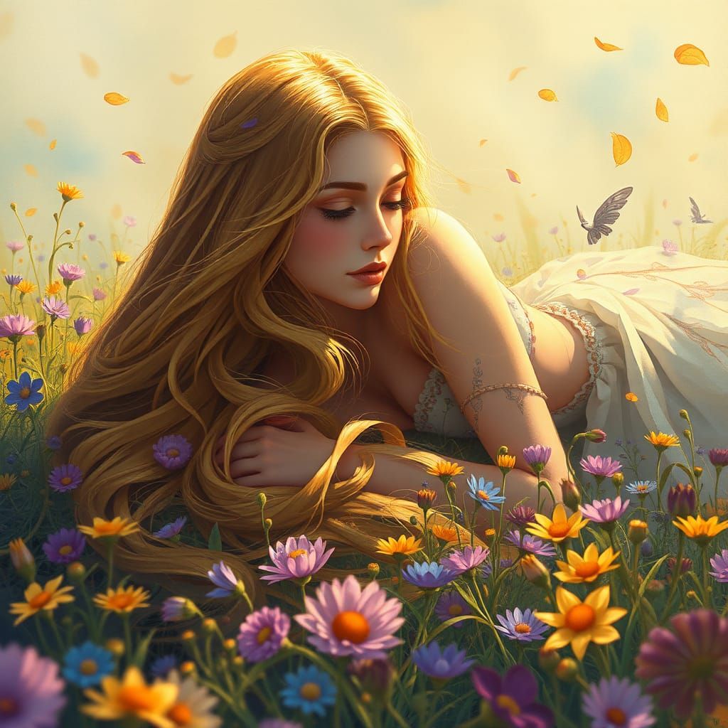 Golden-Haired Maiden in Flower Meadow: Fantasy Art