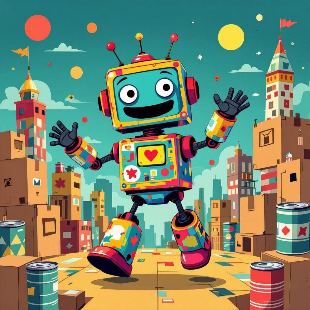 Cartoon Robot Dances in Cardboard City: Mid-Century Modern S...