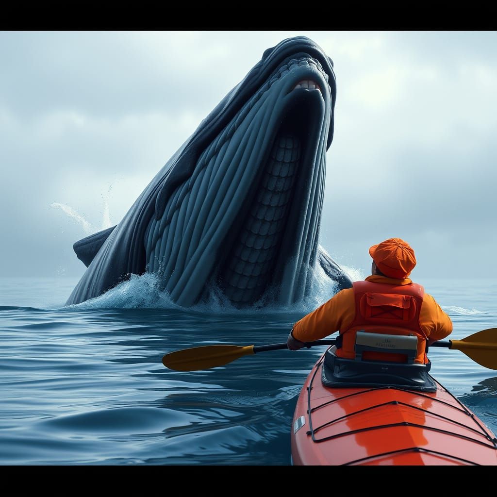 Humpback Whale Breaching Near Kayaker, Matte Painting