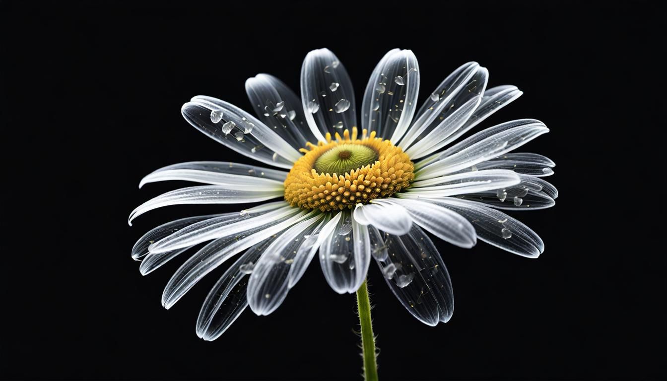 perfect daisy flower, see through, digital art, shishkin, black background, floral transparency, gold line, transparent ...