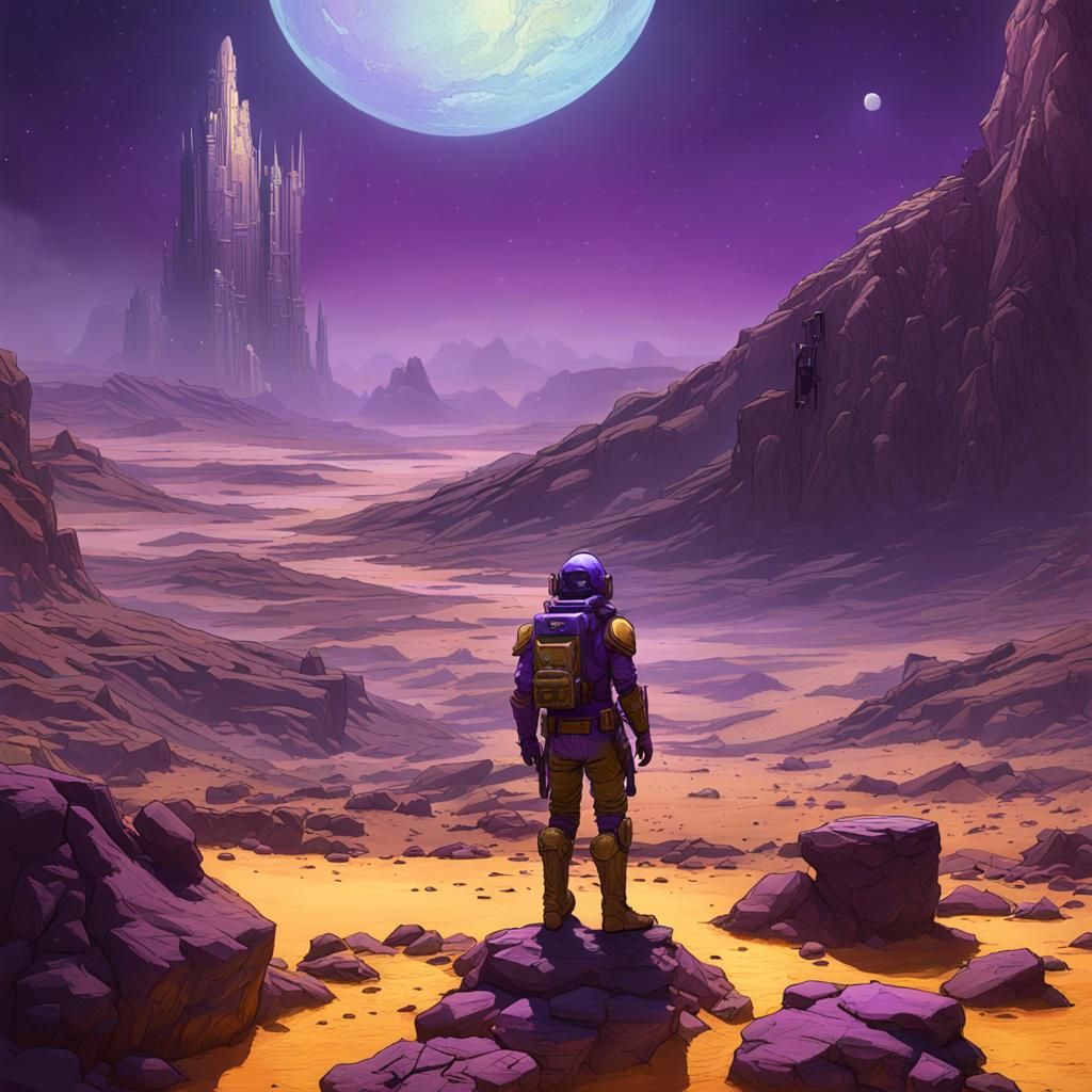 Space Ranger Castaway on Barren Planet: Dark Fantasy Art