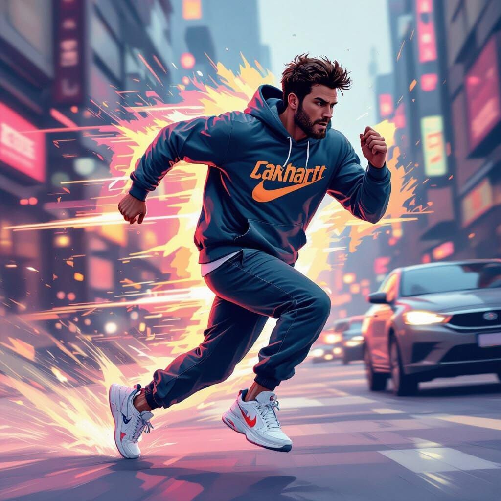 Nerdy Man Sprinting with Futuristic Neon Accents
