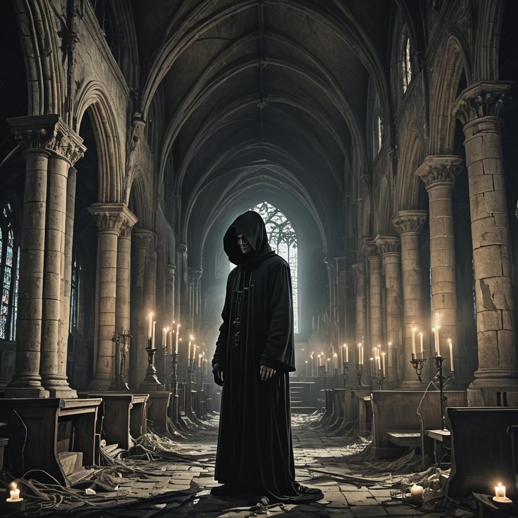 Hooded Figure in Abandoned Gothic Church