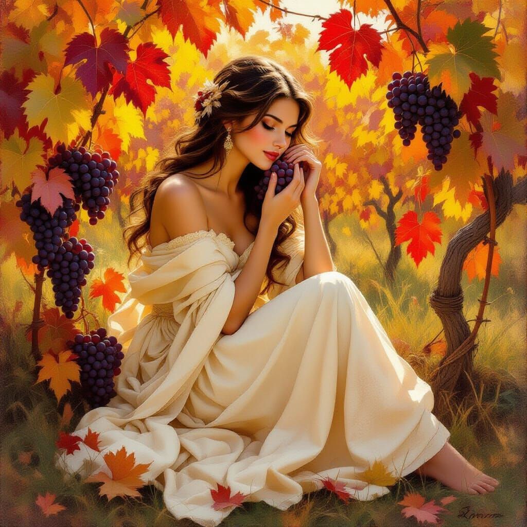 Serene Woman in Cream Gown Among Autumn Grapevines