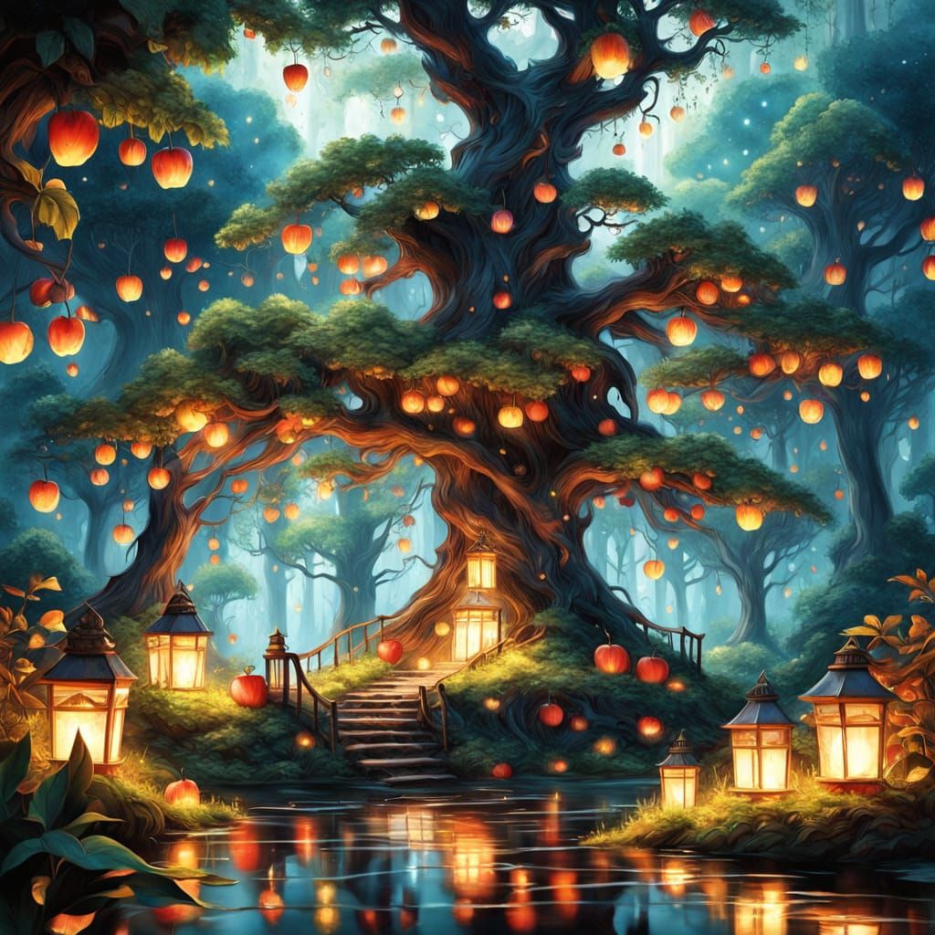 Majestic Fantasy Tree with Glowing Red Apples in Enchanted F...