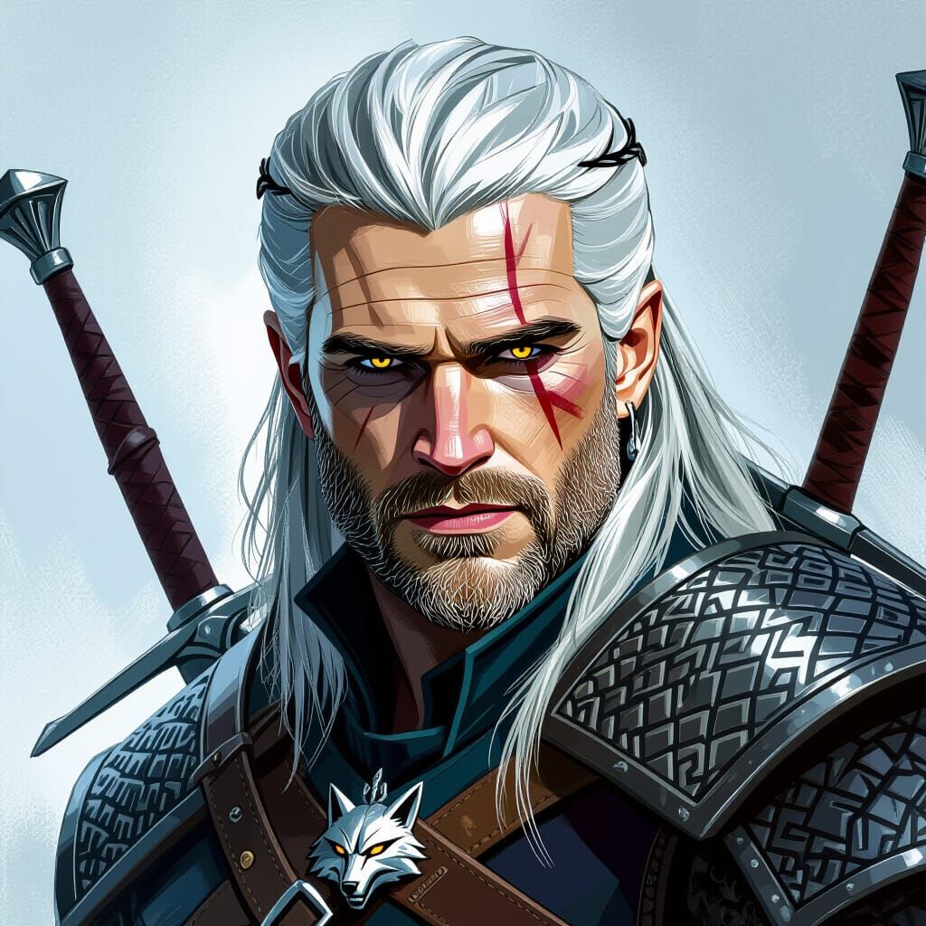 Fantasy Warrior with Swords and Wolf Medallion