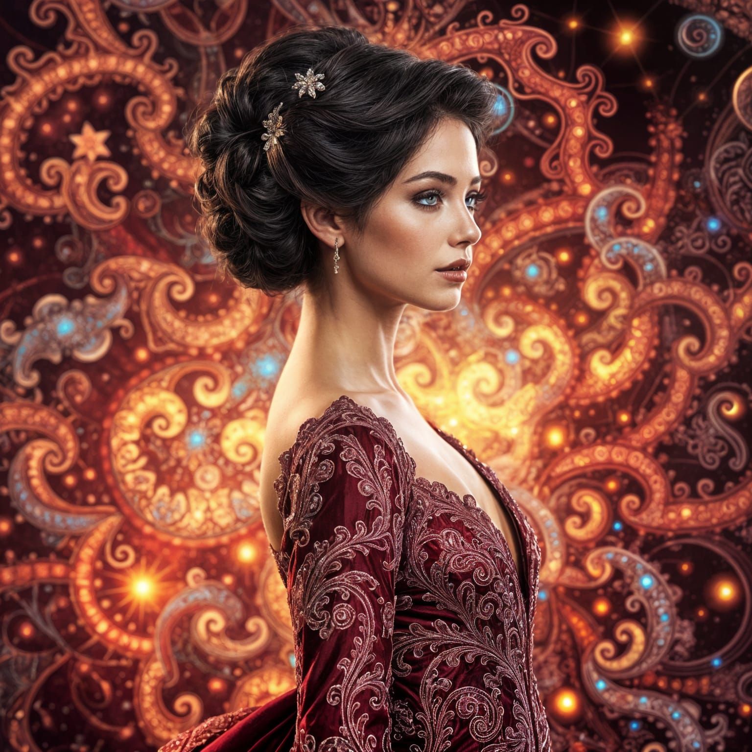 Ethereal Woman in Burgundy Fractals