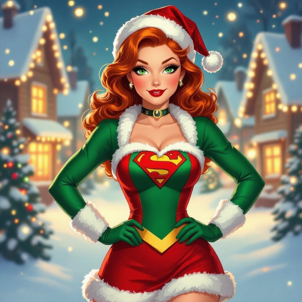 1920s Pinup Supergirl in Festive Christmas Village