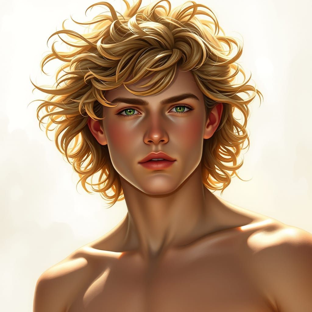 Classical Greek God with Unruly Golden Hair and Radiant Comp...