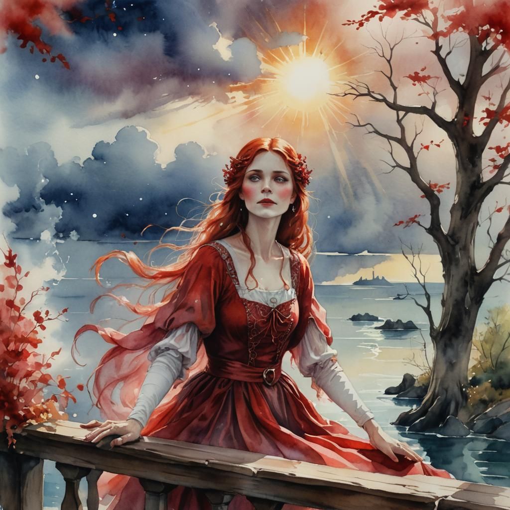 Red Witch in Watercolor Style With Divine Light