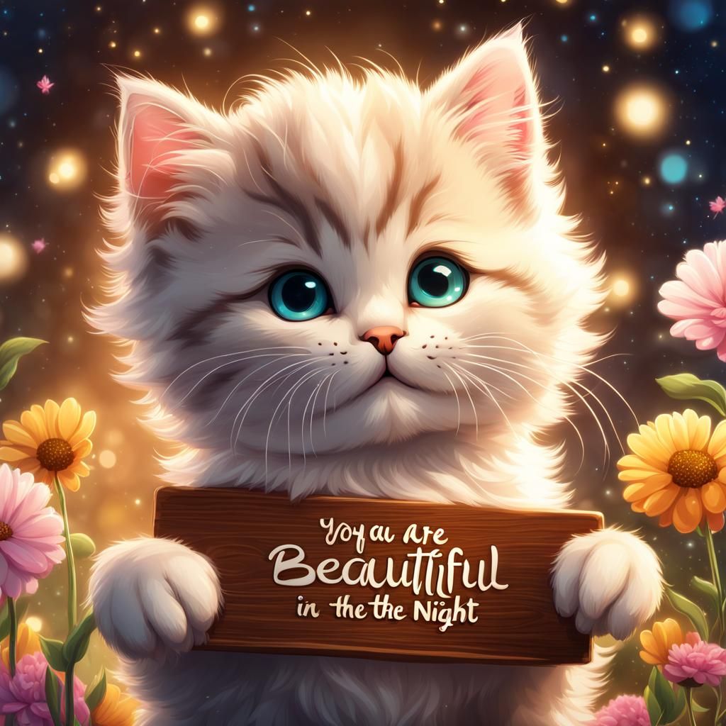 Cute Kitten Holding Sign in Sparkling Night