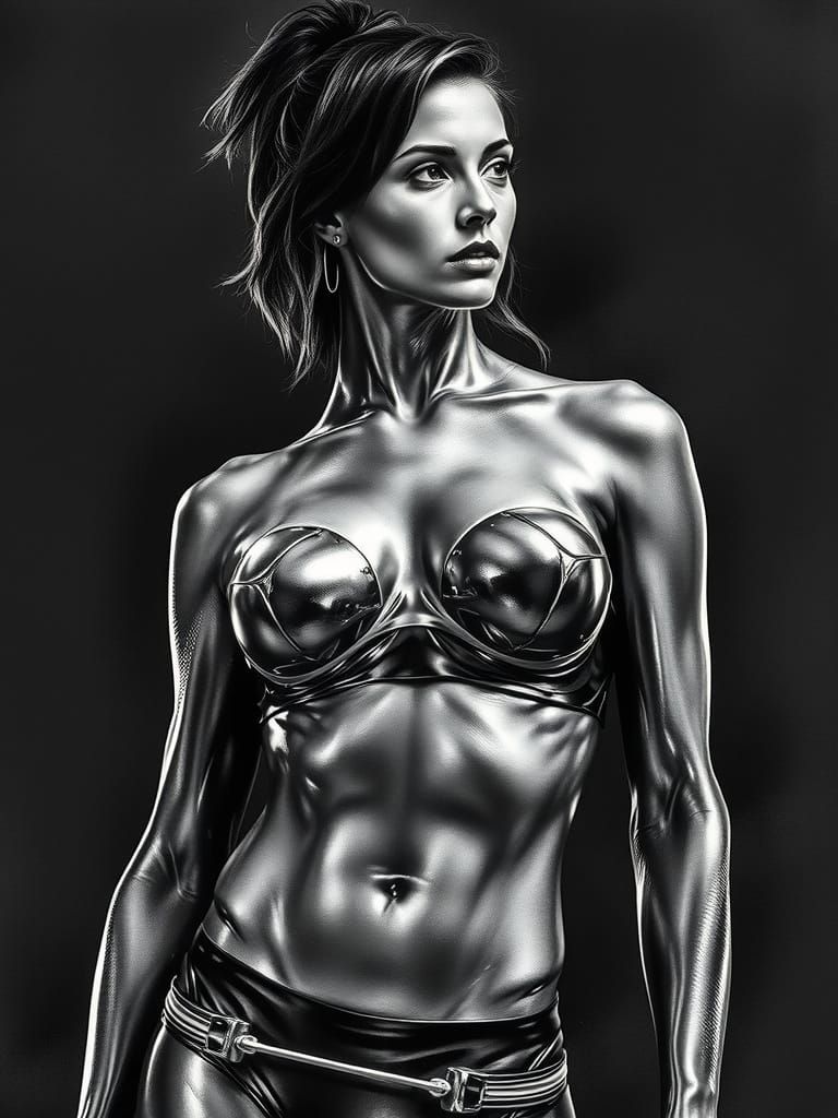 Full-body portrait OF metallic athletic BEAUTIFUL WOMAN. Chiaroscuro inkwash. Nona Faustline. HR GIGER.