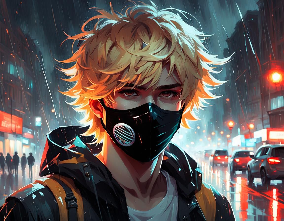 Boy with Torch in Rainy Night: Digital Art