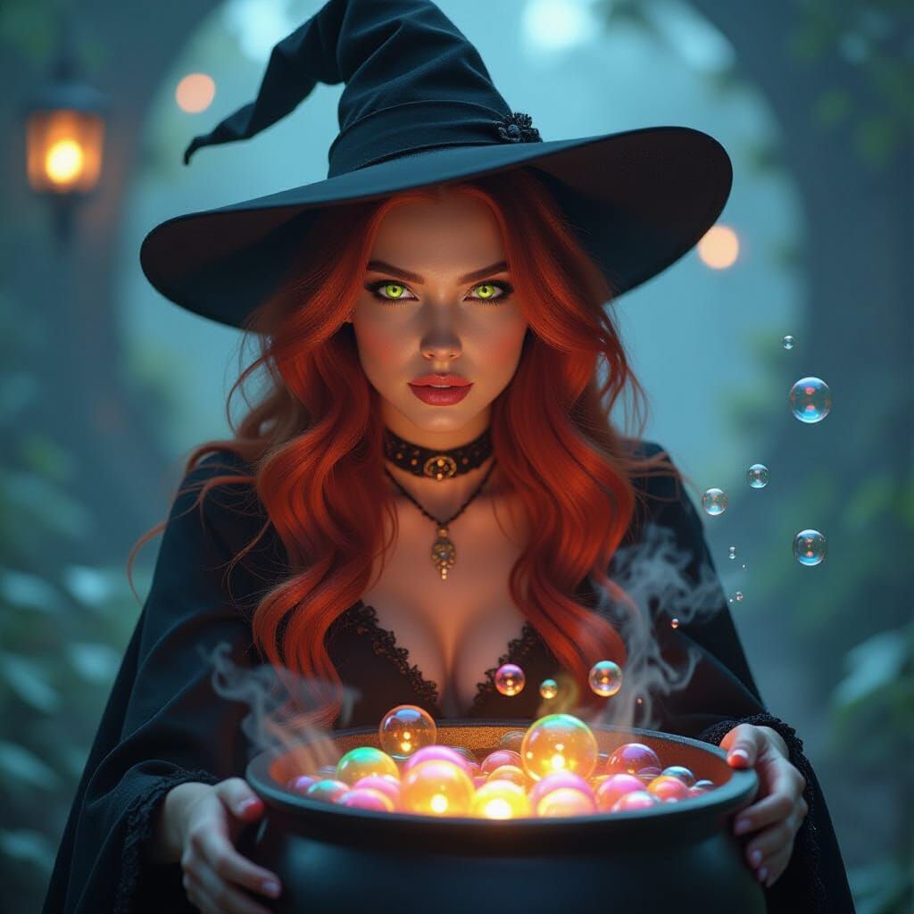 Fiery-Eyed Witch and Bubbling Cauldron