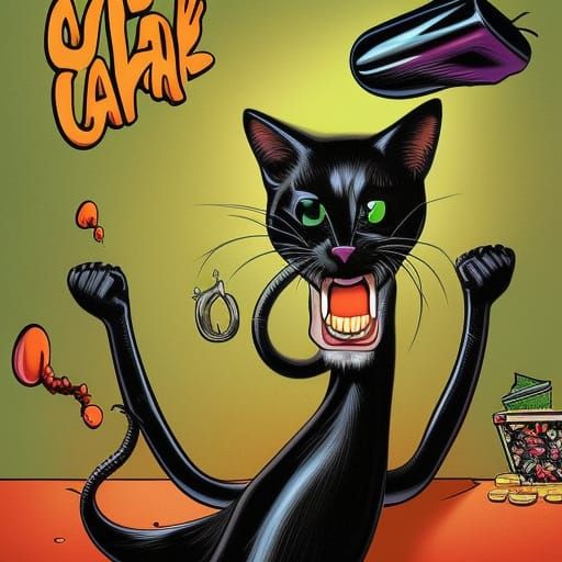 Funny Black Cat Smoking Marijuana Comic Art