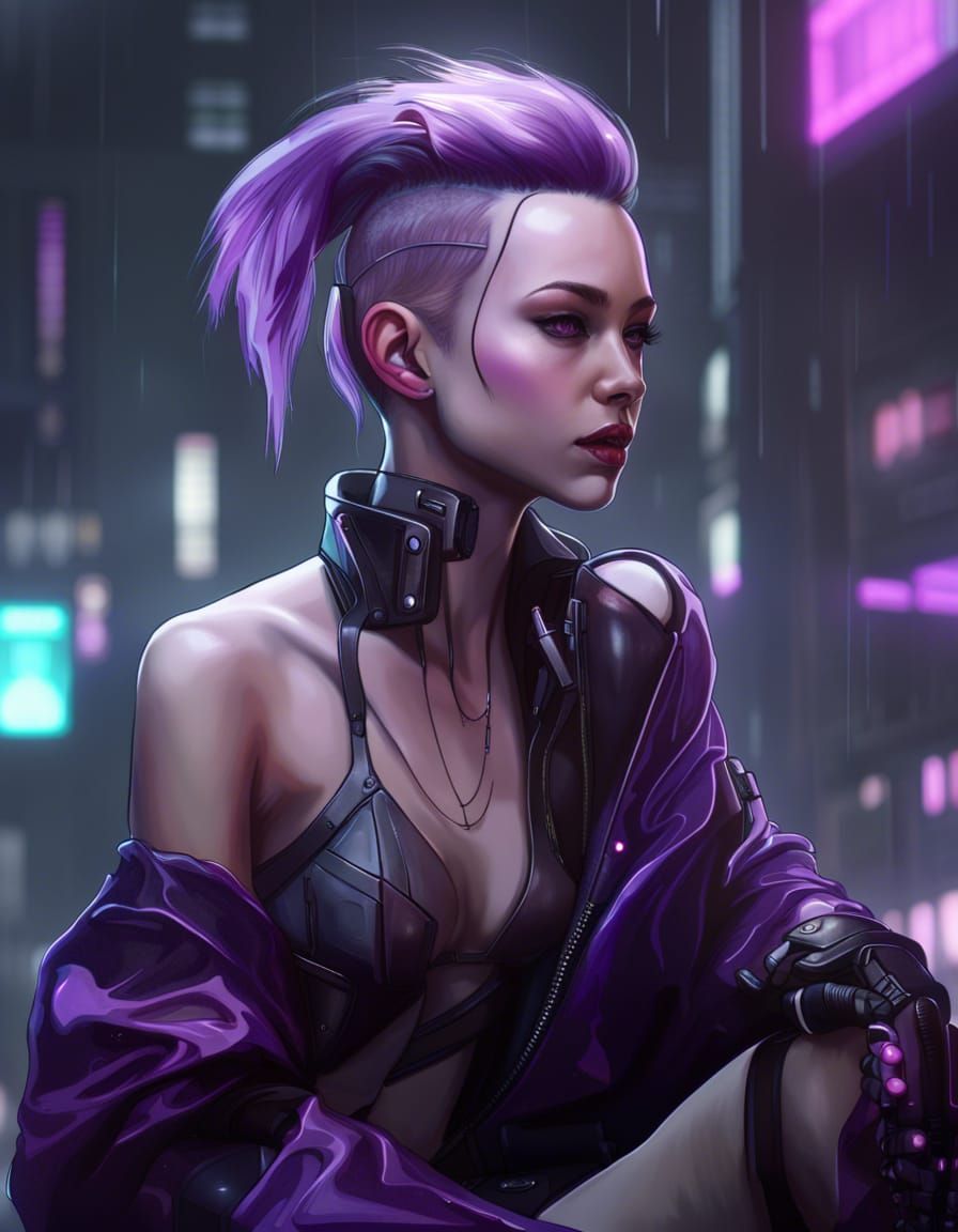 Gorgeous Purple Android in Cyberpunk Hyperrealism