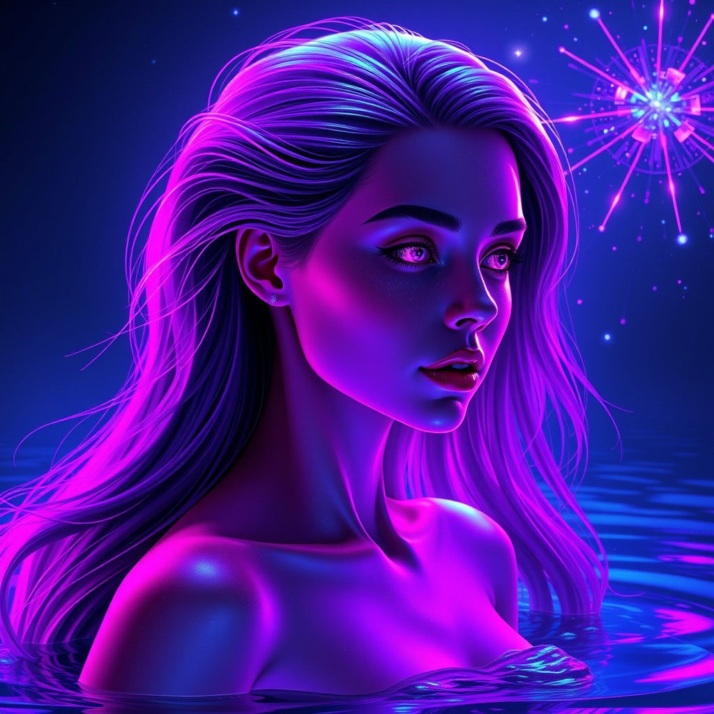 Elegant Mermaid in Bioluminescent, Cosmic Dreamscape
