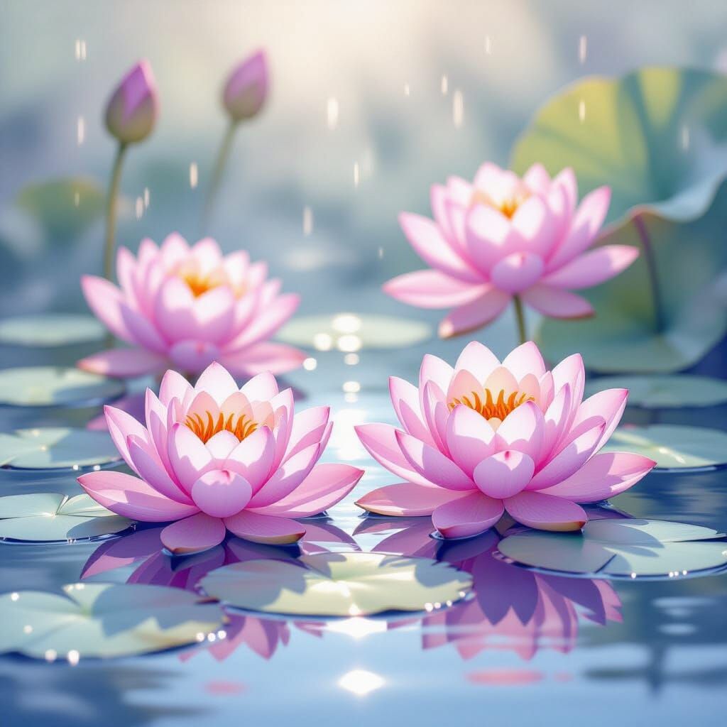 Vibrant Pink Lotus Flowers Glistening with Raindrops