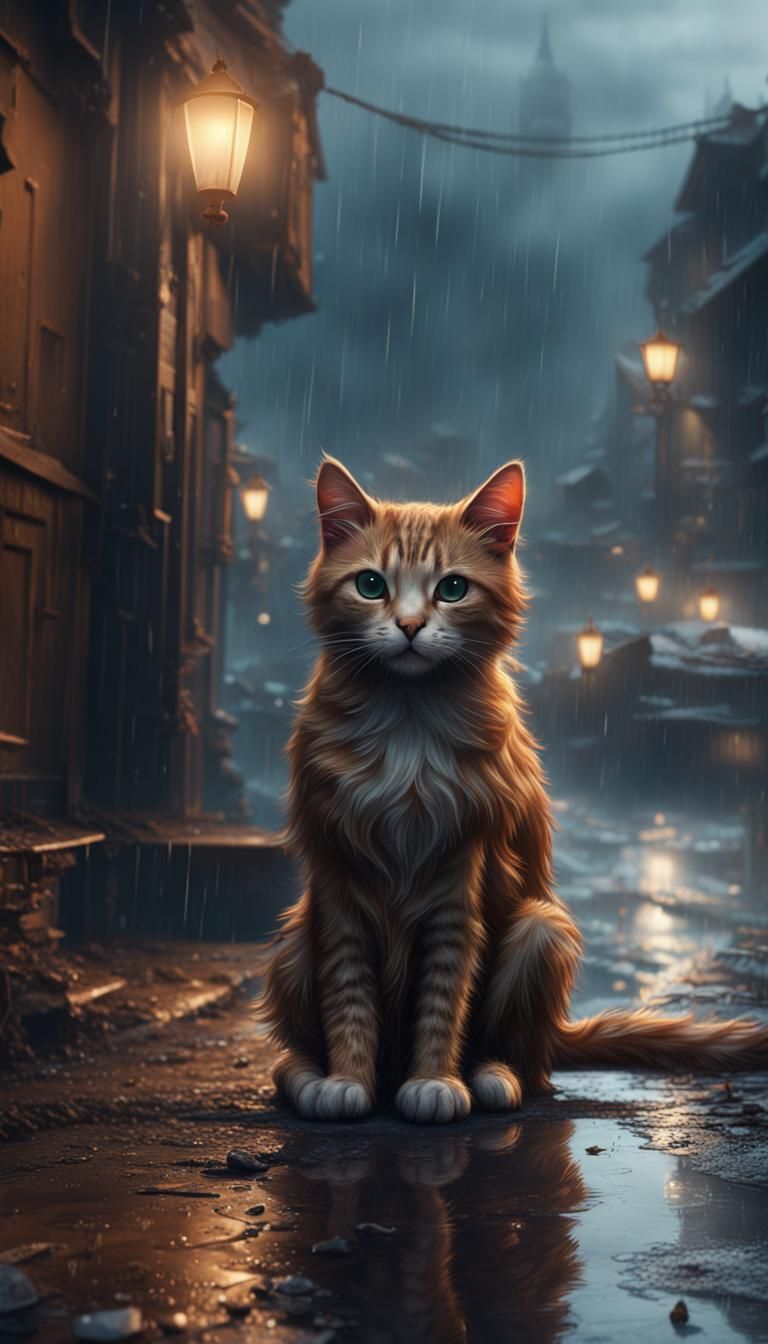 Sad Cat Waiting: Detailed Matte Painting