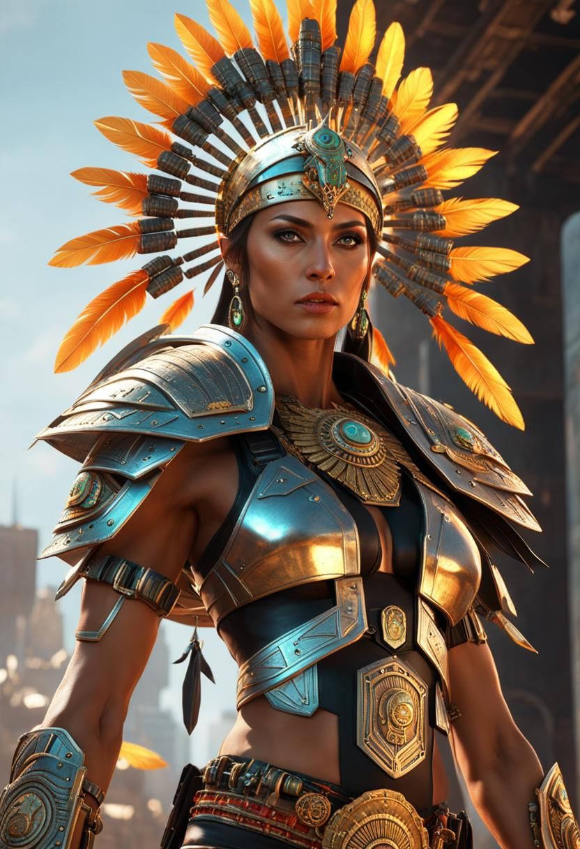 Aztec Warrior Woman with Flaming Sword