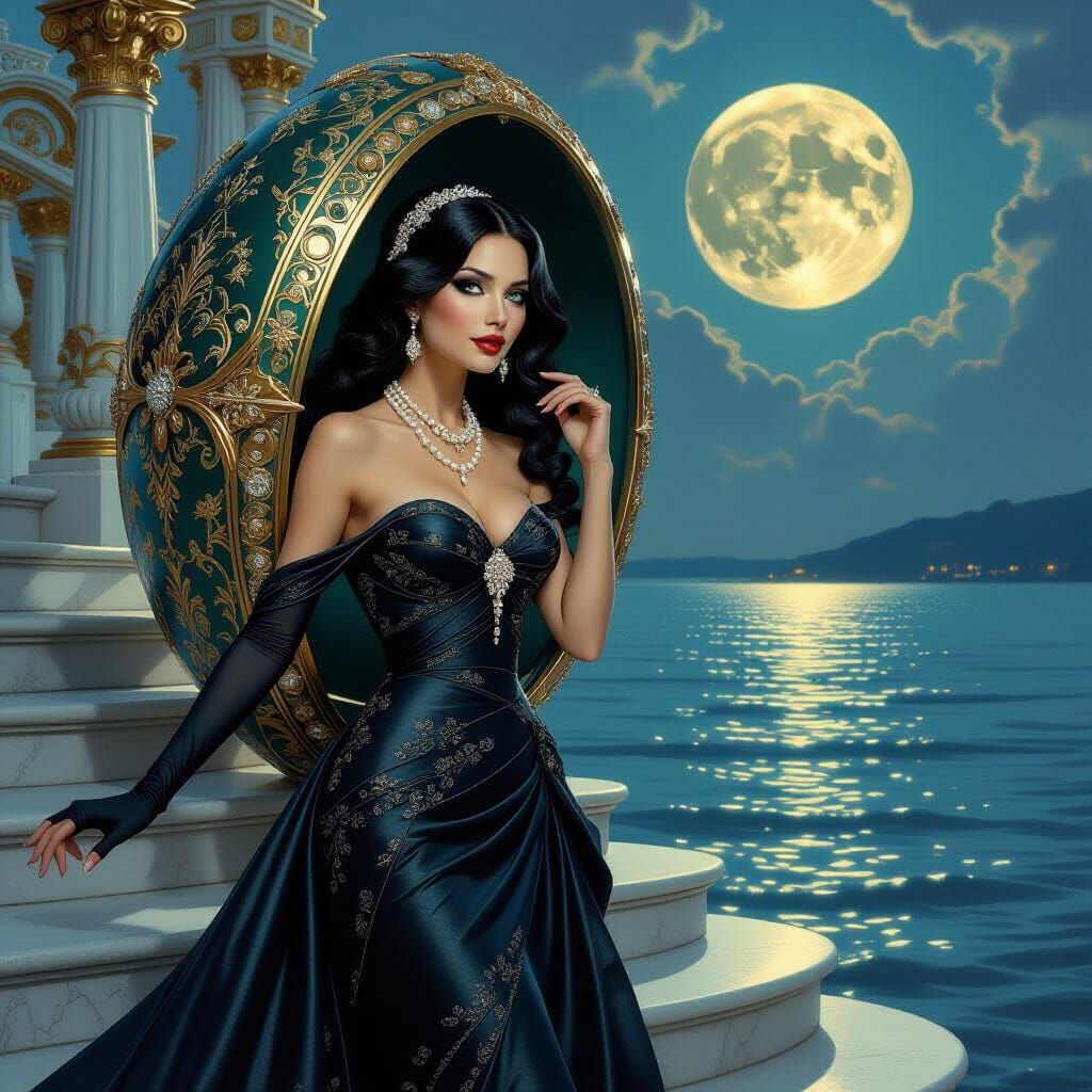 Exotic Woman Emerges from Jeweled Egg