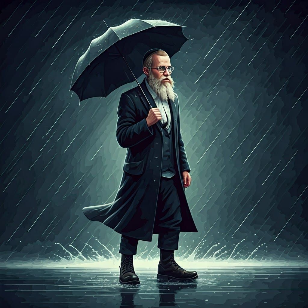 Resilient Hasidic Man Battles the Tempest