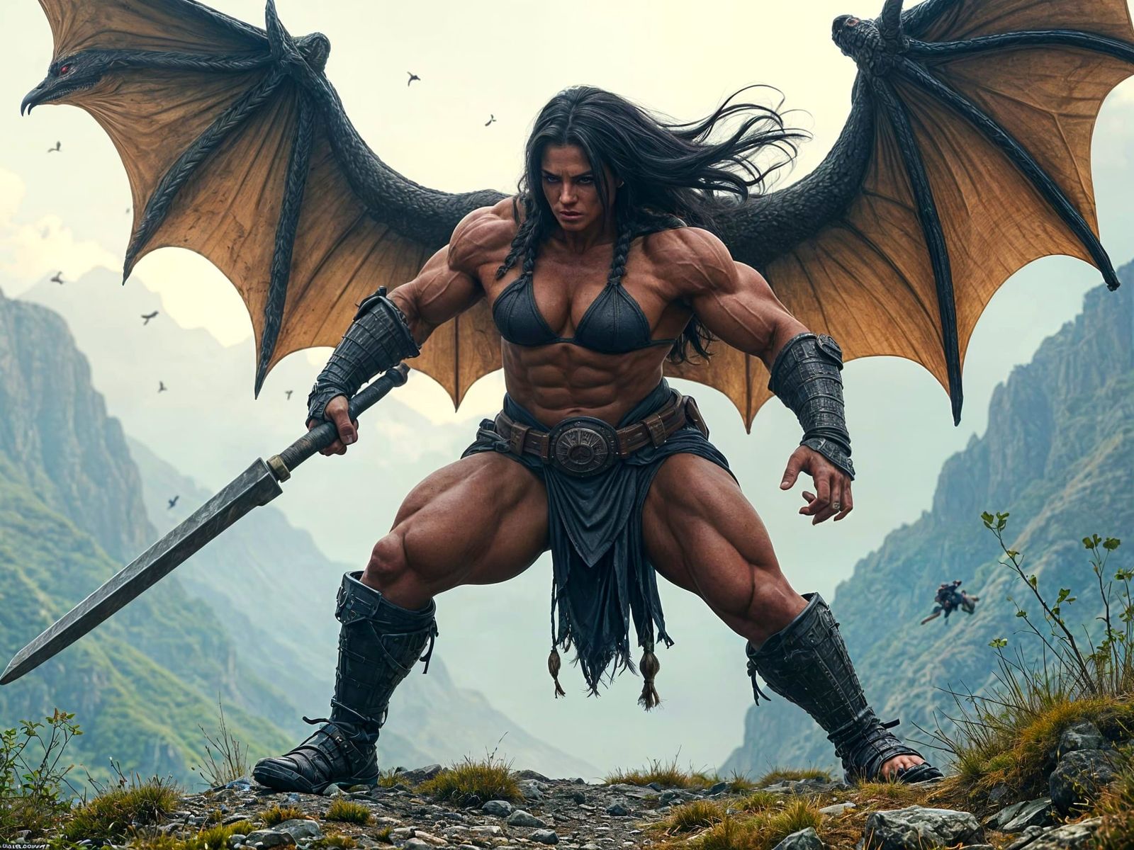 Amazonian Warrior Battling Gargoyle: Photorealistic Detail