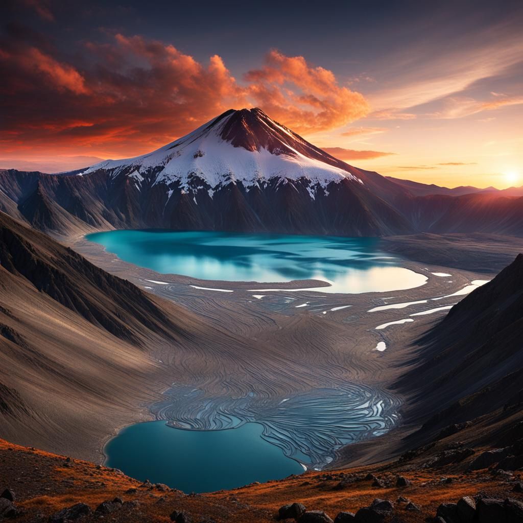 Volcano and Glacial Lake at Sunset