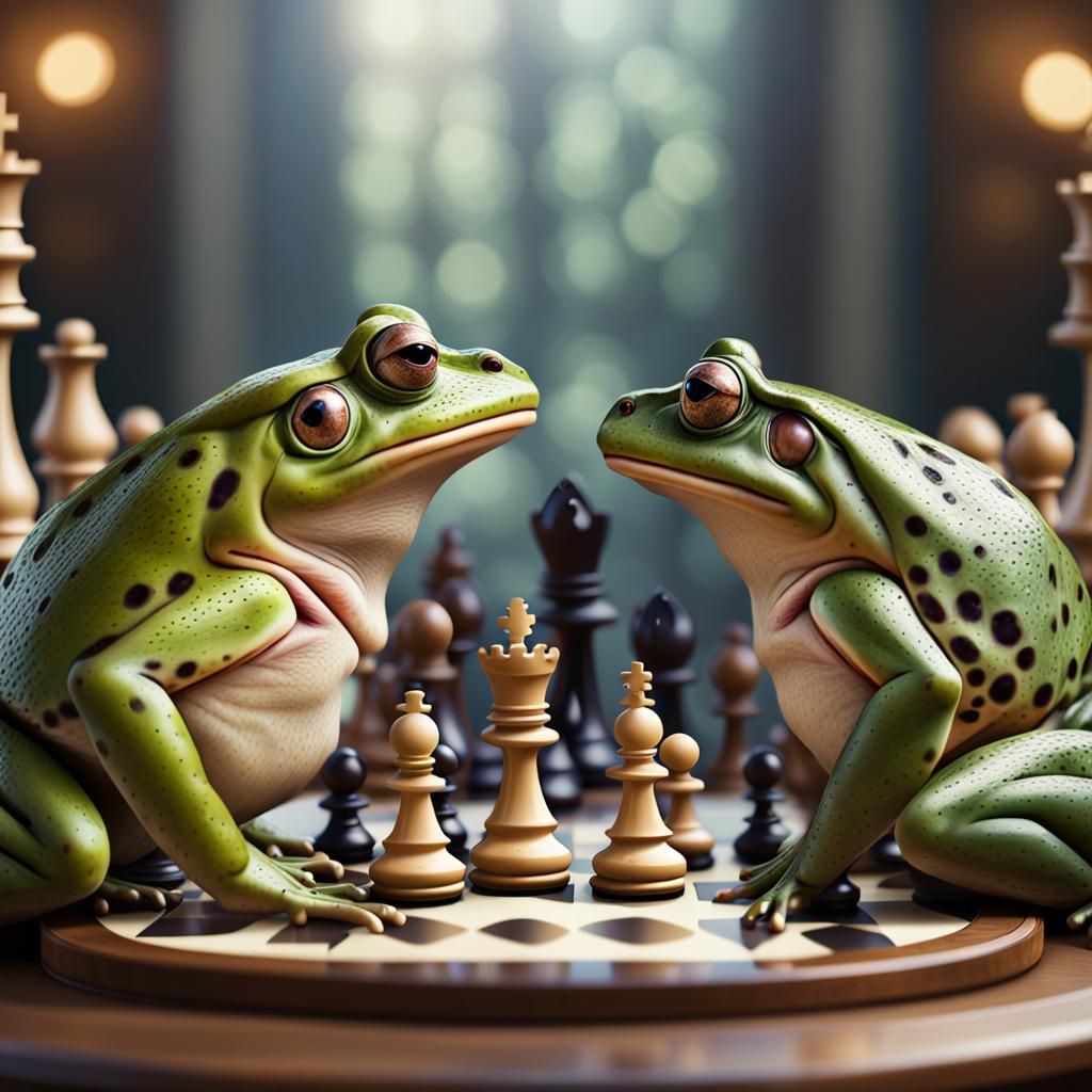 a game of chess 2 larger frogs