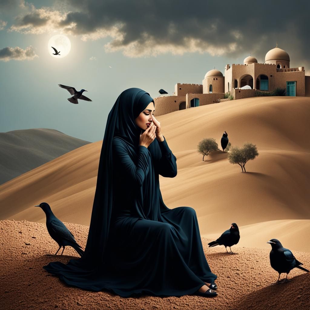Sad Arabic Woman on Hill with Birds